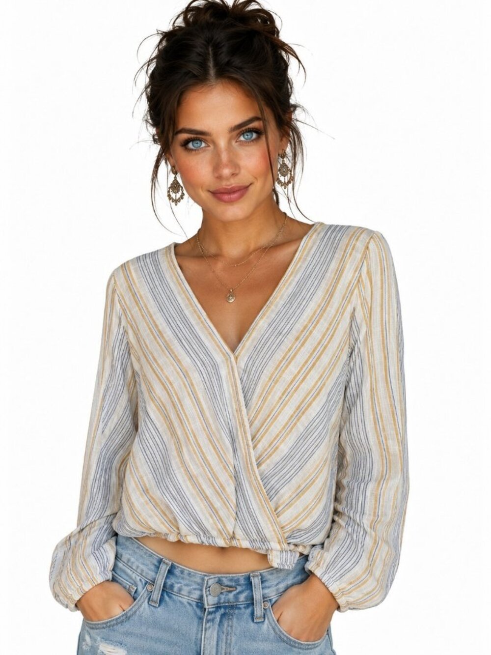 Paper Crane Striped Wrap Blouse Medium 100 Cotton Blue Yellow Long Sleeve Top